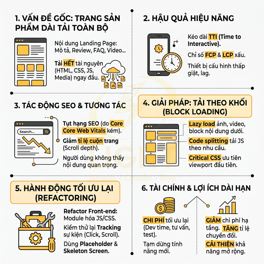 Mô tả quy trình tối ưu hiệu năng và SEO landing page bằng block loading, refactor front end và cải thiện Core Web Vitals