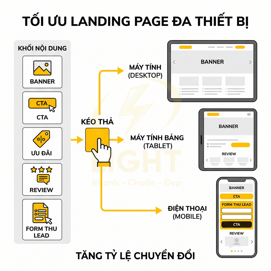 Mô phỏng kéo thả khối nội dung tối ưu landing page hiển thị trên desktop, tablet và điện thoại để tăng chuyển đổi
