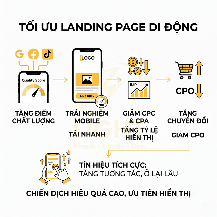 Mô hình tối ưu landing page di động giúp tăng chất lượng, giảm CPC CPA CPO và tăng chuyển đổi chiến dịch quảng cáo