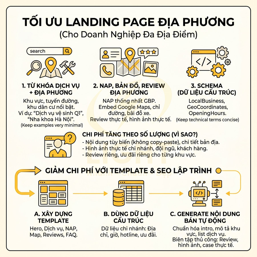 Infographic tối ưu landing page địa phương cho doanh nghiệp đa địa điểm với từ khóa, NAP, schema và nội dung tự động