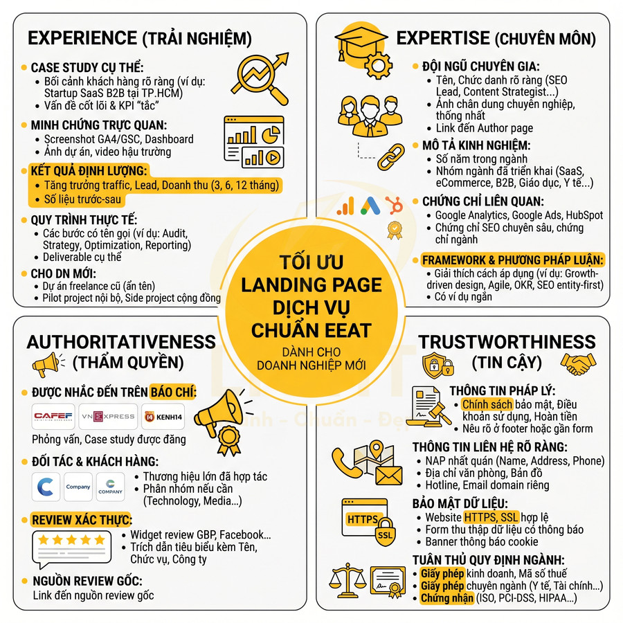 Infographic tối ưu landing page dịch vụ chuẩn EEAT với các yếu tố trải nghiệm, chuyên môn, thẩm quyền và độ tin cậy