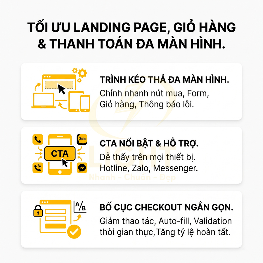 Banner giới thiệu tính năng tối ưu landing page, giỏ hàng và thanh toán đa màn hình cho website thương mại điện tử