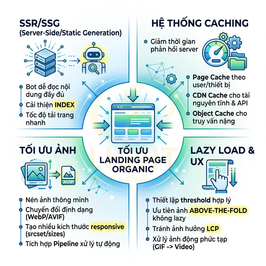 Minh họa các kỹ thuật tối ưu landing page organic gồm SSR SSG, caching, tối ưu ảnh, lazy load và trải nghiệm người dùng