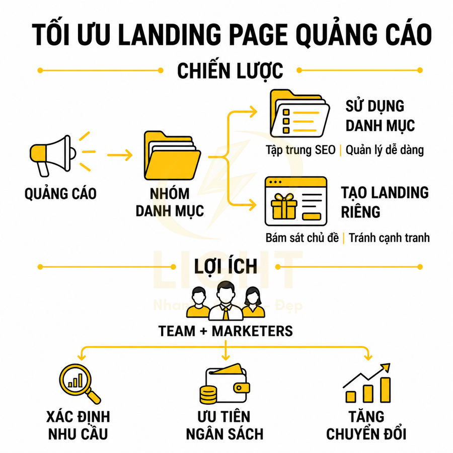 Sơ đồ tối ưu landing page quảng cáo với chiến lược nhóm danh mục, tạo landing riêng và lợi ích tăng chuyển đổi