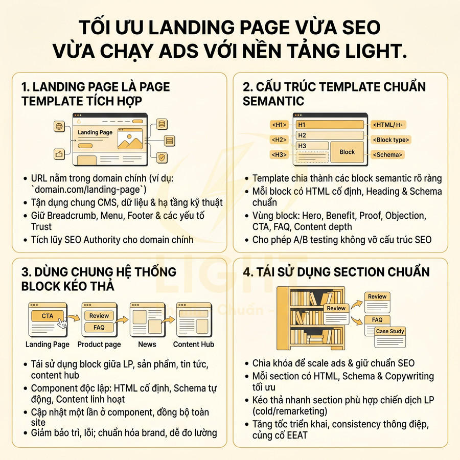 Infographic tối ưu landing page vừa SEO vừa chạy quảng cáo với nền tảng Light, gồm 4 bước và minh họa block nội dung