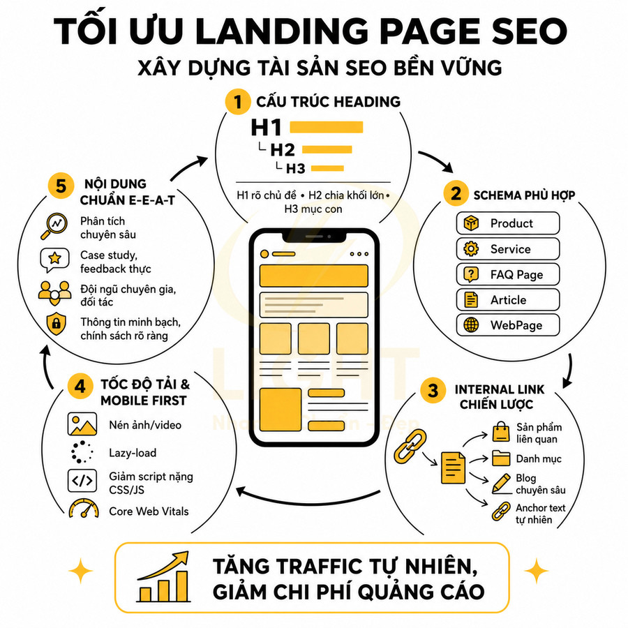 Infographic tối ưu landing page SEO với cấu trúc heading, schema, internal link, nội dung E-E-A-T và tốc độ tải mobile first