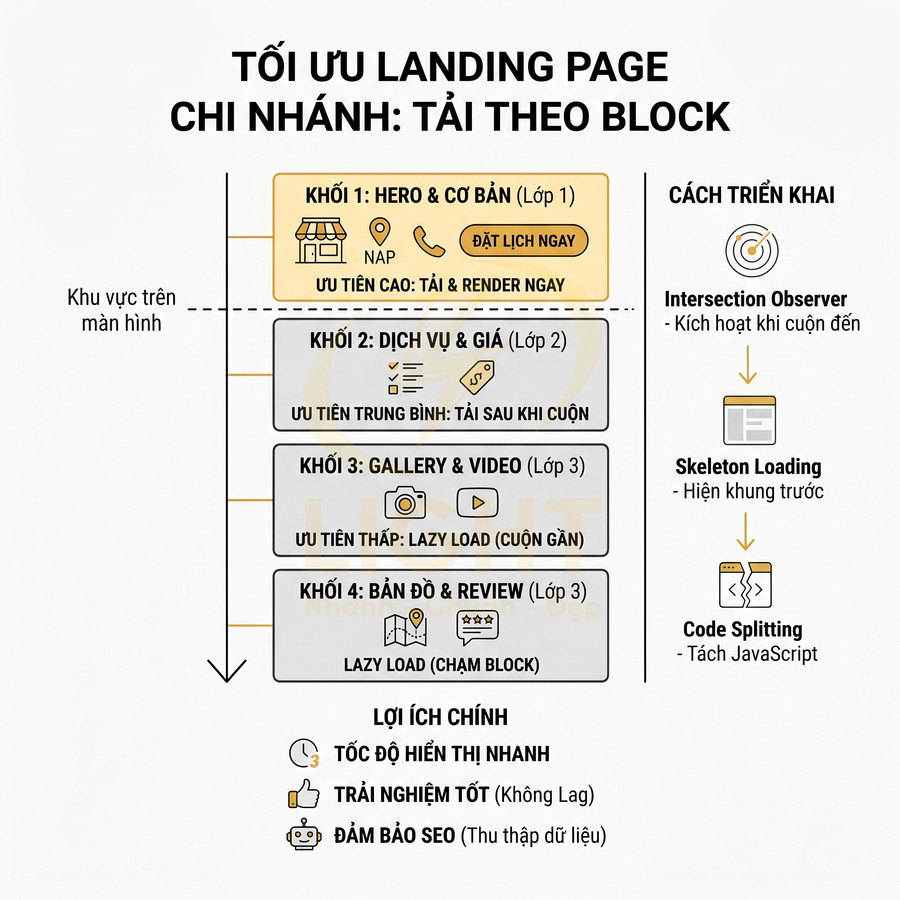 Sơ đồ tối ưu landing page chi nhánh với chiến lược tải theo block và các khối nội dung ưu tiên khác nhau