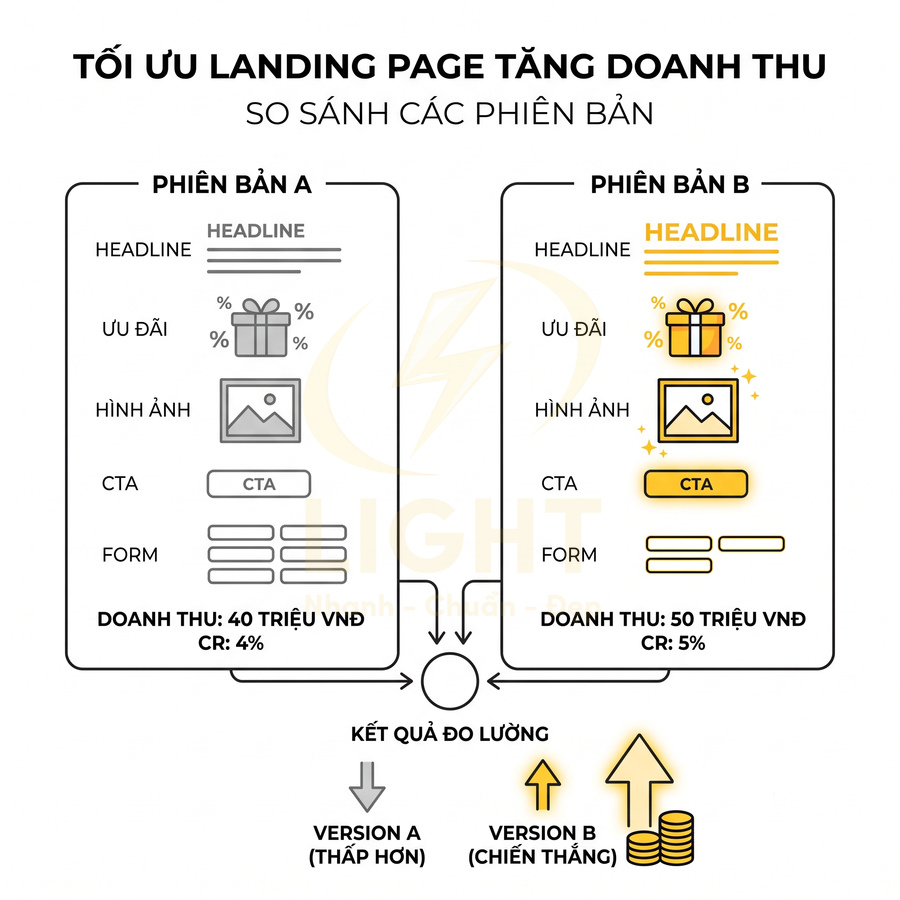 So sánh A/B landing page tối ưu doanh thu, phiên bản B có CTA nổi bật và hiệu quả cao hơn