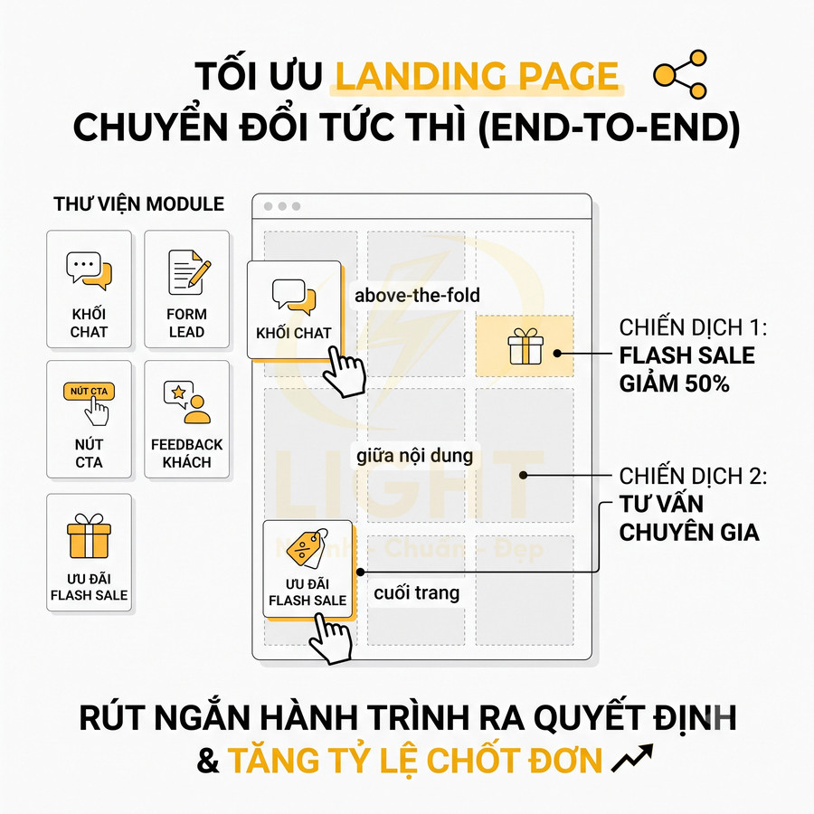 Mô phỏng giao diện tối ưu landing page với module khối chat, nút CTA, ưu đãi flash sale và form lead tăng tỷ lệ chuyển đổi