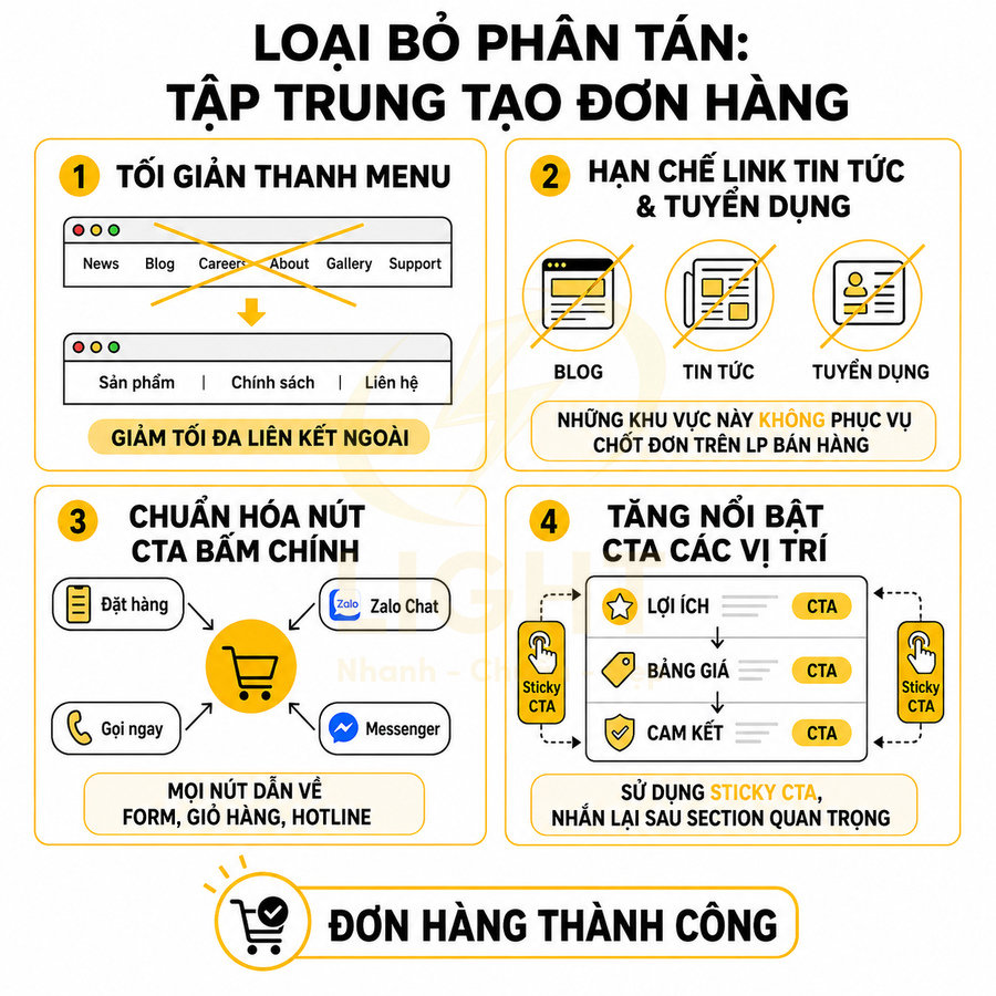 Hướng dẫn tối ưu landing page bán hàng với tối giản menu, hạn chế link ngoài và làm nổi bật nút CTA để tăng đơn hàng