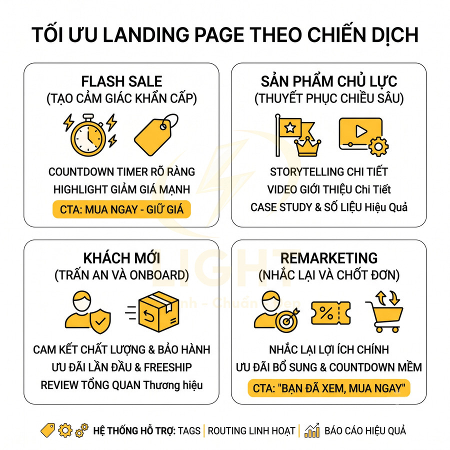 Infographic tối ưu landing page theo chiến dịch với các chiến lược flash sale, sản phẩm chủ lực, khách mới và remarketing