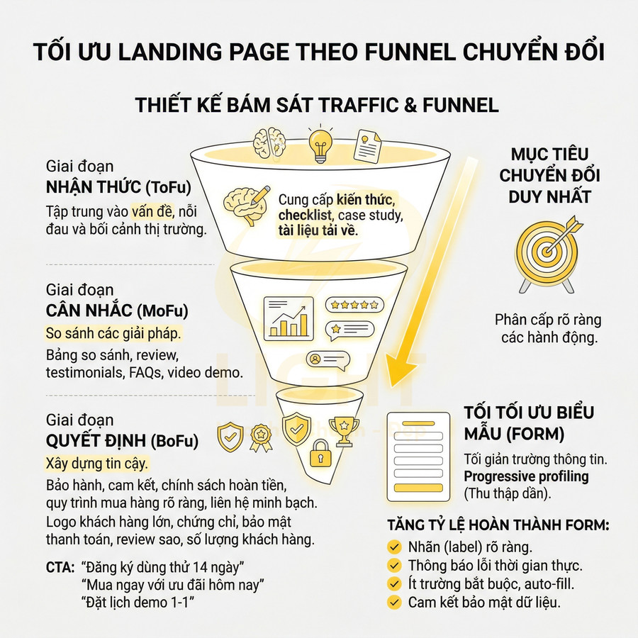 Infographic tối ưu landing page theo phễu chuyển đổi với ba giai đoạn ToFu MoFu BoFu và mẹo tăng tỷ lệ hoàn thành form