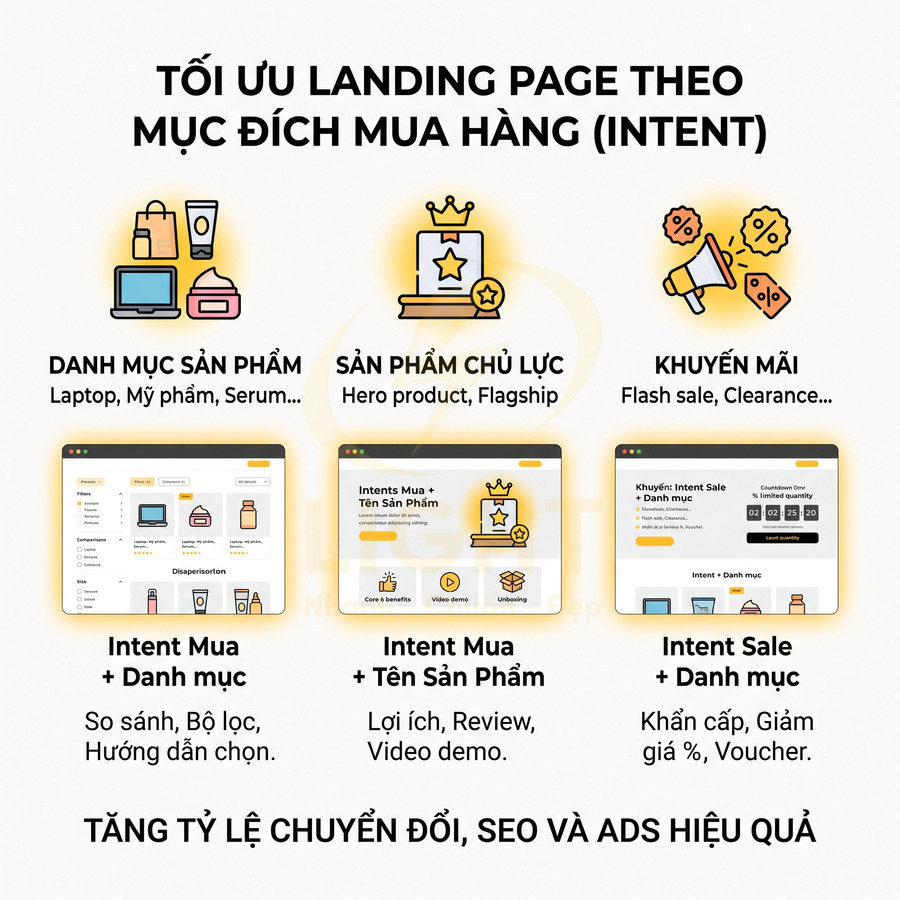 Hướng dẫn tối ưu landing page theo mục đích mua hàng với danh mục sản phẩm, sản phẩm chủ lực và khuyến mãi