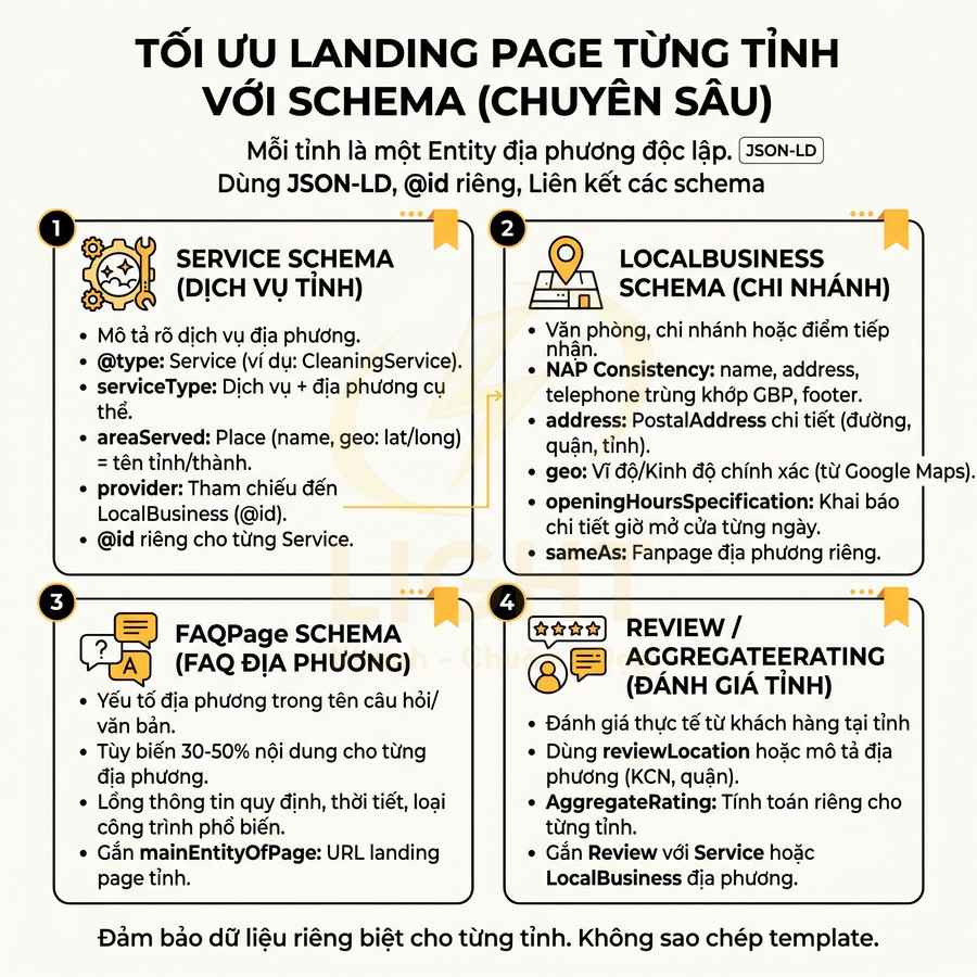 Hướng dẫn tối ưu landing page địa phương với schema JSON LD cho dịch vụ, chi nhánh, FAQ và đánh giá