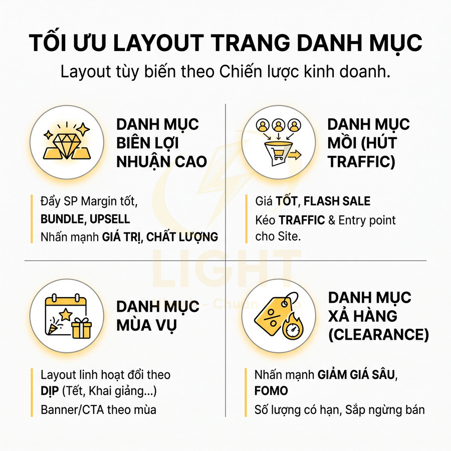 Infographic tối ưu layout trang danh mục với 4 loại danh mục: biên lợi nhuận cao, mồi, mùa vụ và xả hàng