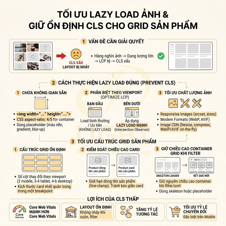 Hướng dẫn tối ưu lazy load ảnh và giữ ổn định CLS cho grid sản phẩm trên website thương mại điện tử