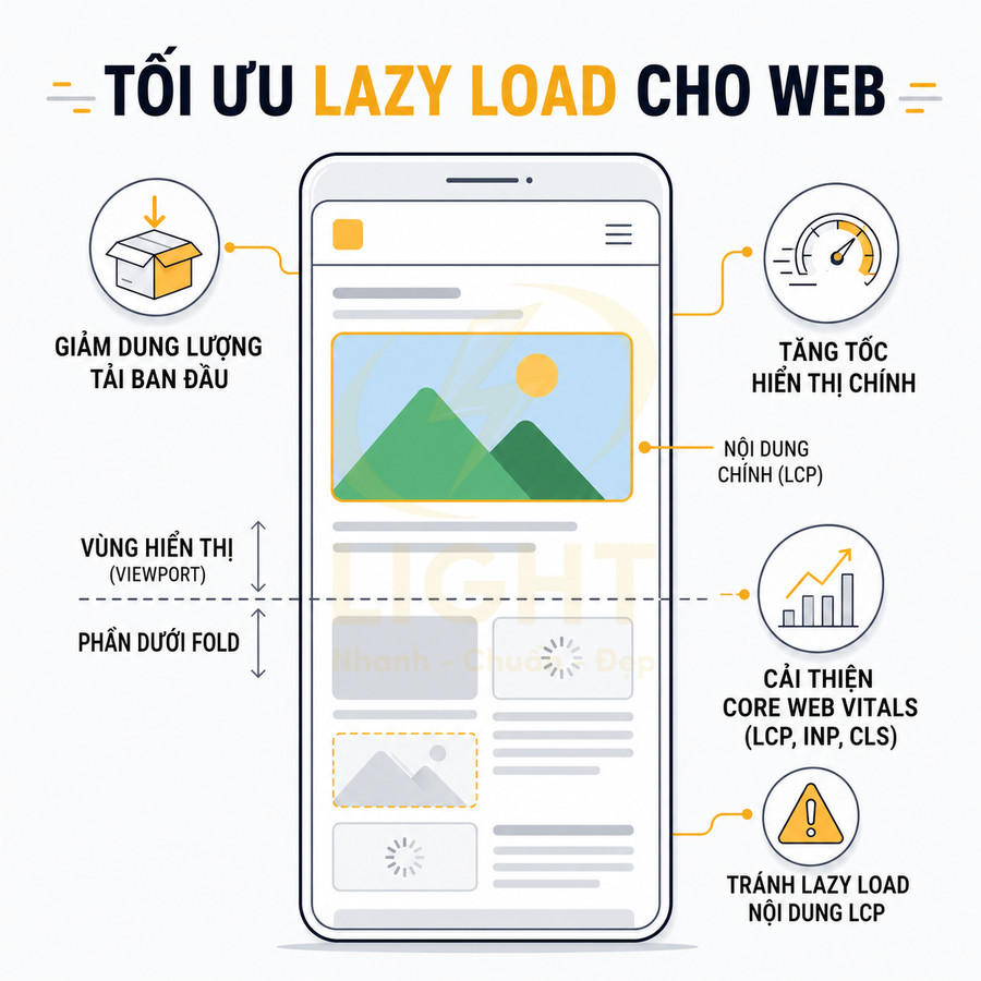 Minh họa tối ưu lazy load cho web trên giao diện điện thoại, giảm dung lượng tải và cải thiện tốc độ hiển thị