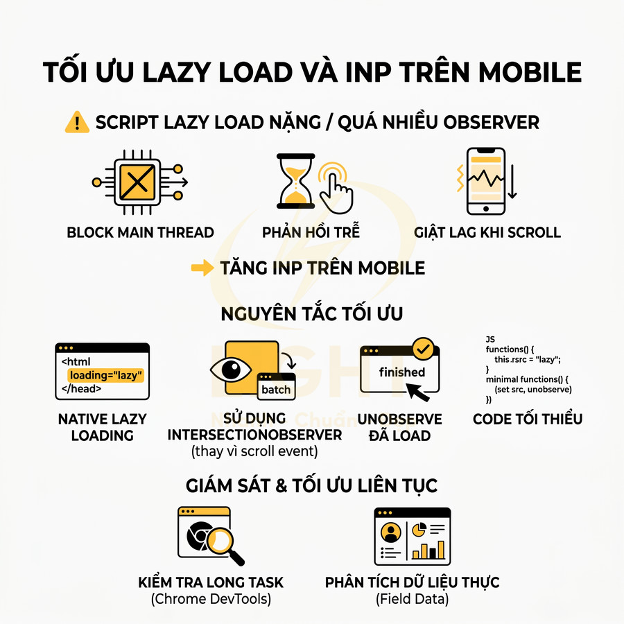 Hướng dẫn tối ưu lazy load và chỉ số INP trên mobile với native lazy loading và IntersectionObserver
