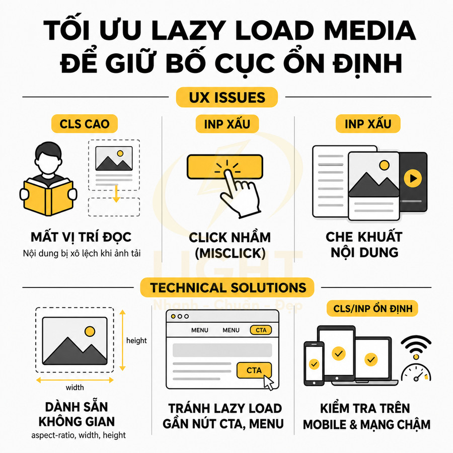 Infographic tối ưu lazy load media để giữ bố cục ổn định và cải thiện trải nghiệm người dùng UX