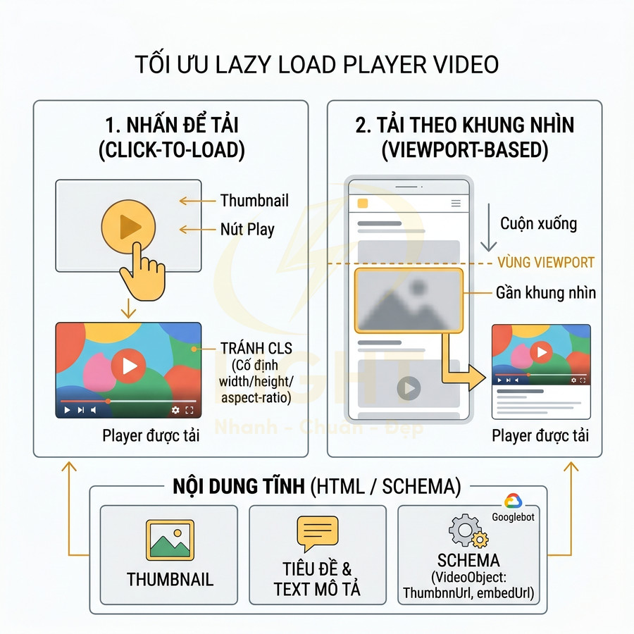 Minh họa tối ưu lazy load player video với click to load, tải theo viewport và nội dung tĩnh HTML Schema