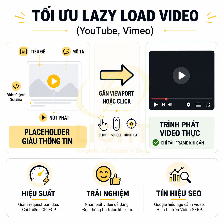 Hướng dẫn tối ưu lazy load video YouTube Vimeo với placeholder giàu thông tin và lợi ích hiệu suất trải nghiệm SEO
