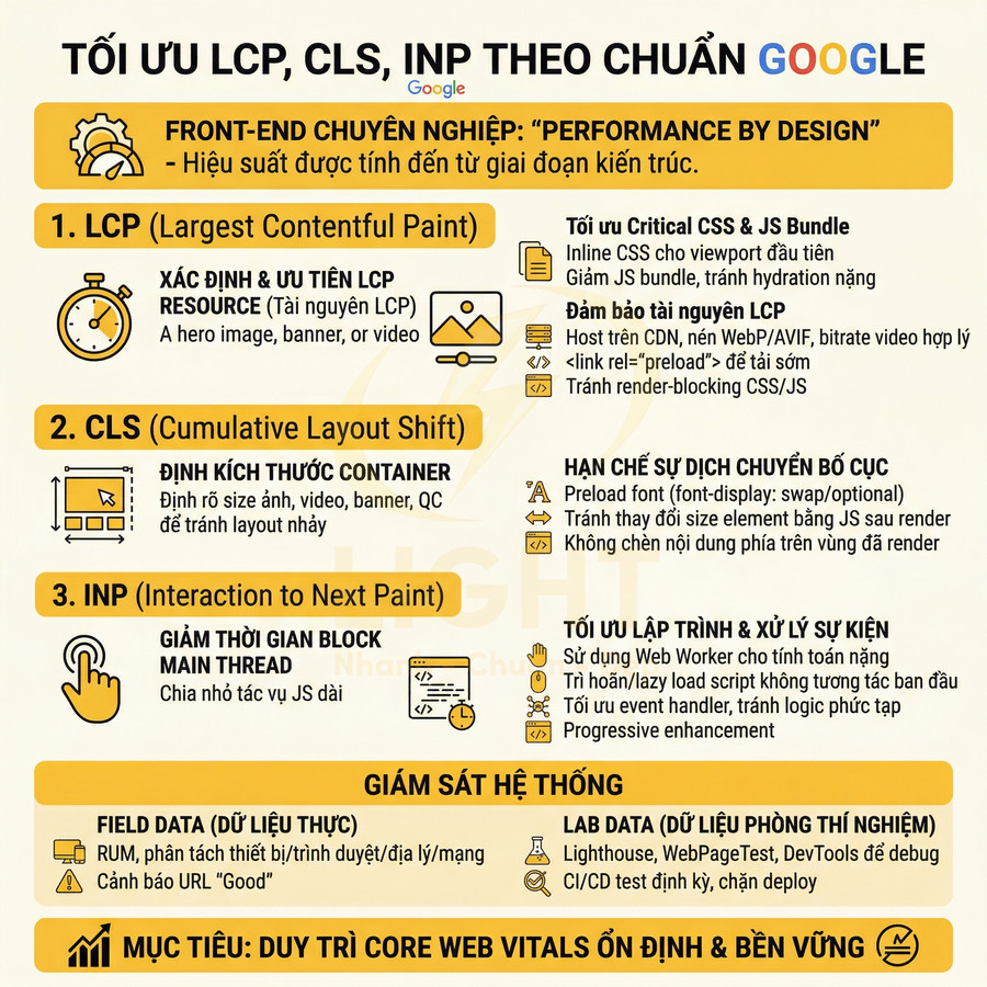 Infographic tối ưu LCP CLS INP theo chuẩn Google cho front end, hướng dẫn cải thiện Core Web Vitals và giám sát hiệu suất