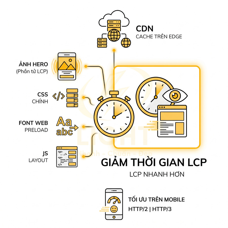 Minh họa tối ưu LCP với CDN, ảnh hero, CSS, font web, JS và tối ưu tốc độ tải trang web trên mobile