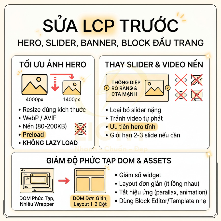 Hướng dẫn tối ưu LCP cho trang web với ảnh hero, slider, video nền và giảm độ phức tạp DOM, assets