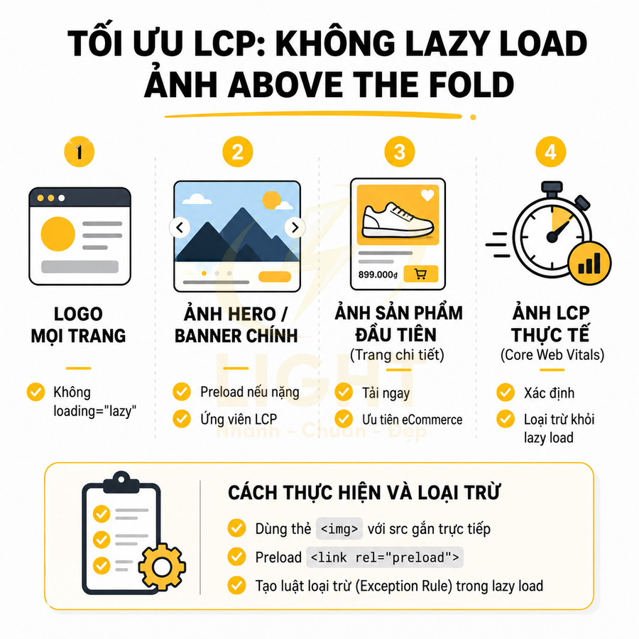 Hướng dẫn tối ưu LCP không lazy load ảnh above the fold cho logo, banner, ảnh sản phẩm và ảnh LCP