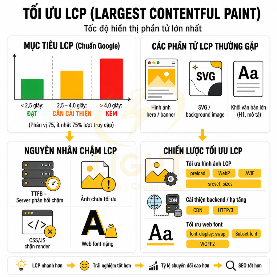 Infographic hướng dẫn tối ưu LCP Largest Contentful Paint với mục tiêu, nguyên nhân chậm và chiến lược cải thiện tốc độ web