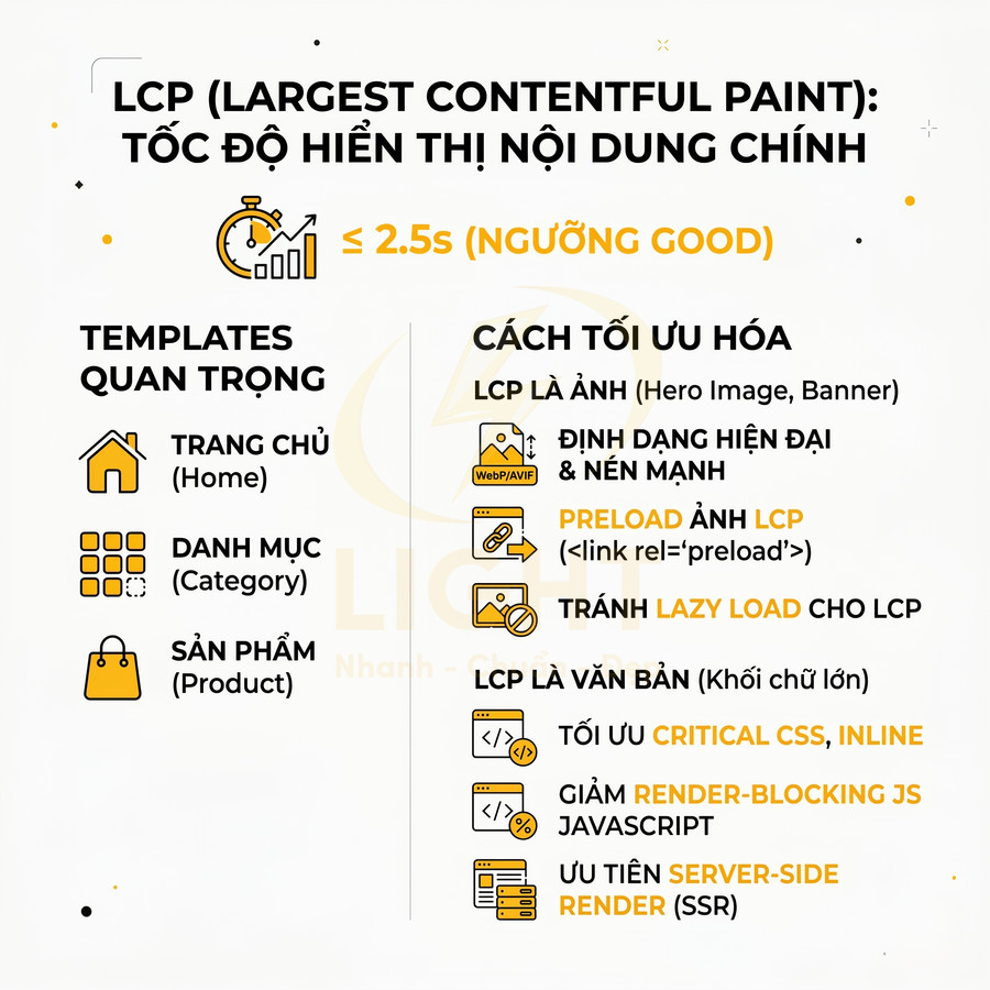 Infographic hướng dẫn tối ưu LCP Largest Contentful Paint cho trang chủ danh mục và trang sản phẩm website