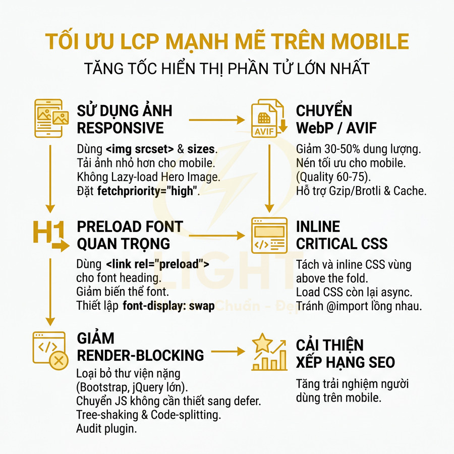 Infographic tối ưu LCP trên mobile với các bước dùng ảnh responsive, preload font, inline CSS, giảm render blocking