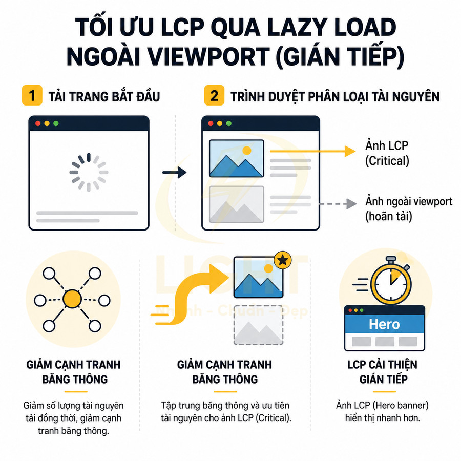 Minh họa tối ưu LCP bằng kỹ thuật lazy load ảnh ngoài viewport để tăng tốc hiển thị ảnh LCP trên trang web
