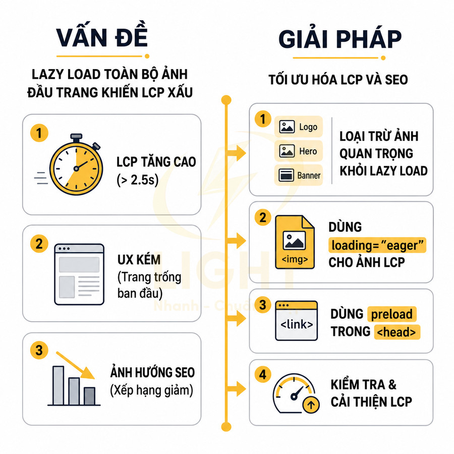 Infographic hướng dẫn tối ưu LCP và SEO bằng loại trừ ảnh quan trọng khỏi lazy load và dùng preload