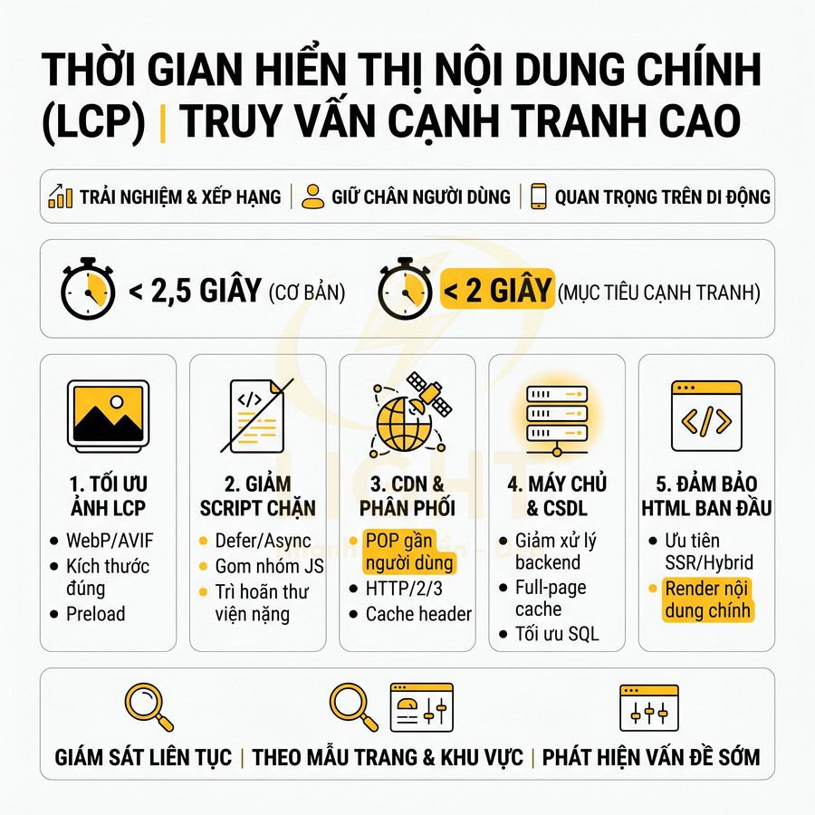 Hướng dẫn tối ưu LCP dưới 2 giây với 5 bước: tối ưu ảnh, giảm script chặn, dùng CDN, tối ưu máy chủ và HTML ban đầu