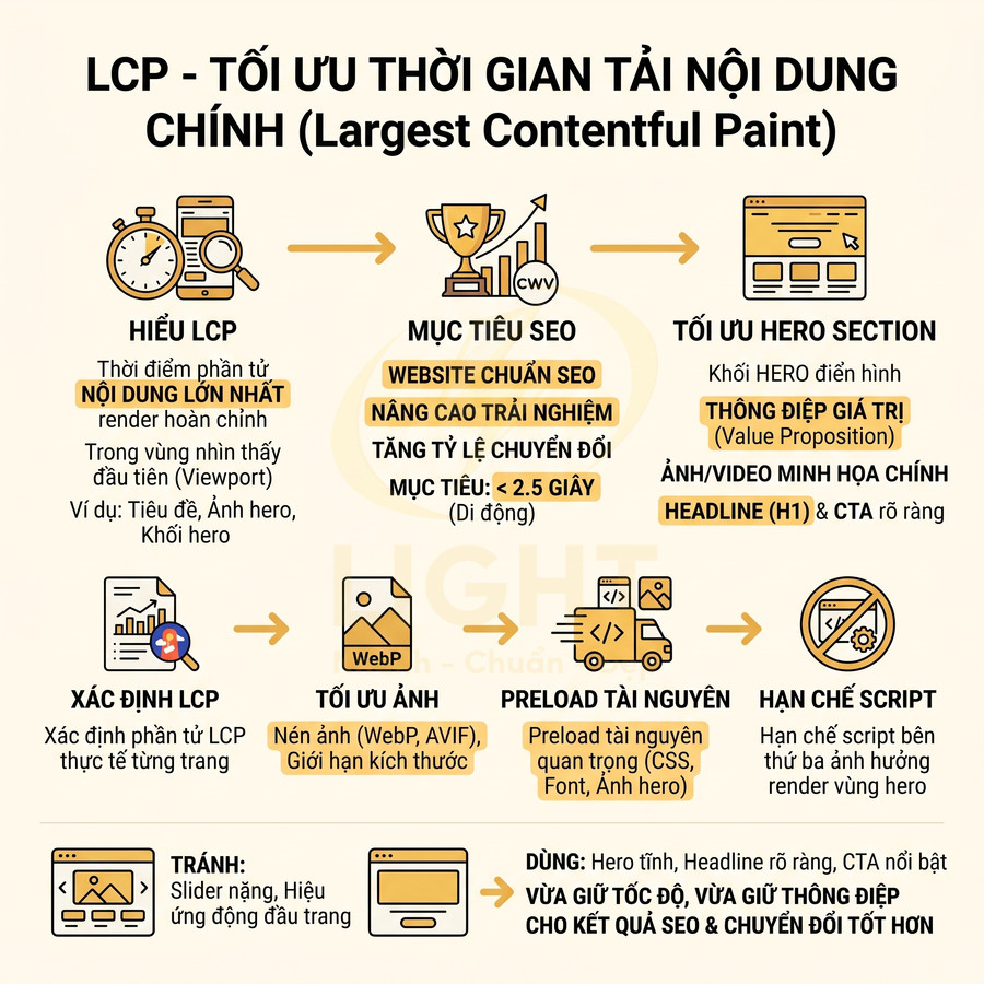 Infographic hướng dẫn tối ưu LCP cải thiện tốc độ tải nội dung chính và trải nghiệm người dùng trên website