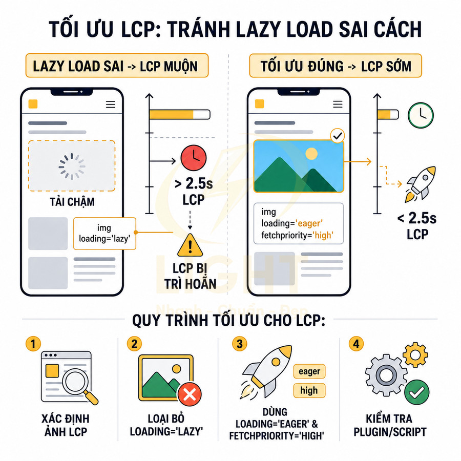 Hướng dẫn tối ưu LCP cho website, so sánh lazy load sai và đúng, quy trình cải thiện tốc độ tải trang