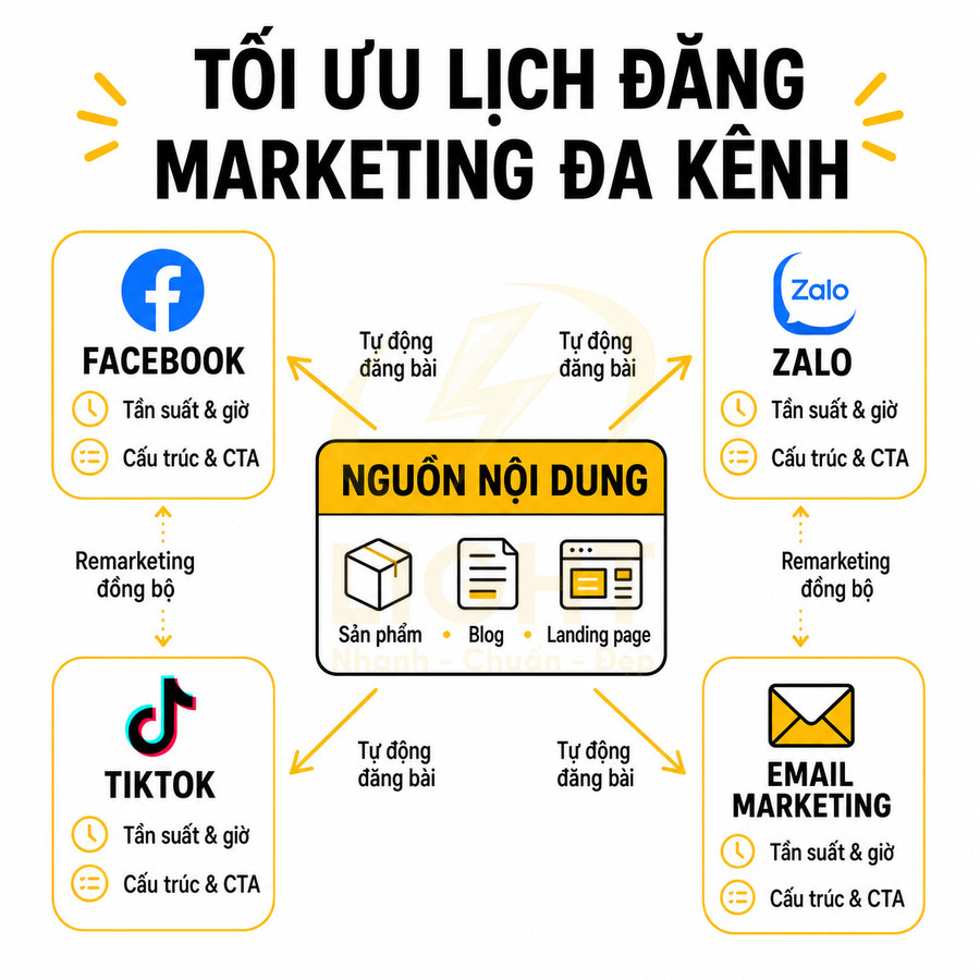 Sơ đồ tối ưu lịch đăng marketing đa kênh từ nguồn nội dung sang Facebook Zalo TikTok và email marketing