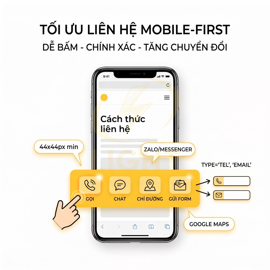Giao diện tối ưu liên hệ mobile first trên điện thoại với các nút gọi, chat, chỉ đường, gửi form nổi bật