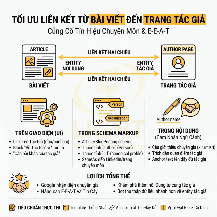 Infographic tối ưu liên kết từ bài viết đến trang tác giả để tăng tín hiệu chuyên môn và E-E-A-T trong SEO
