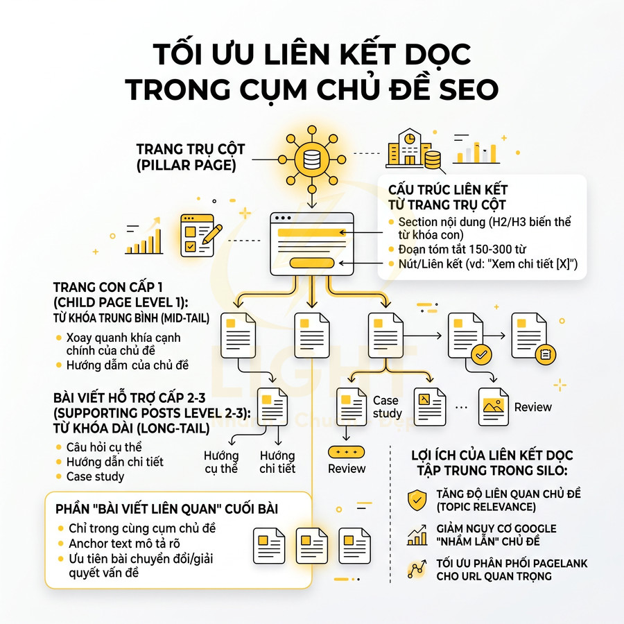 Sơ đồ tối ưu liên kết dọc trong cụm chủ đề SEO với trang trụ cột, trang con và bài viết hỗ trợ