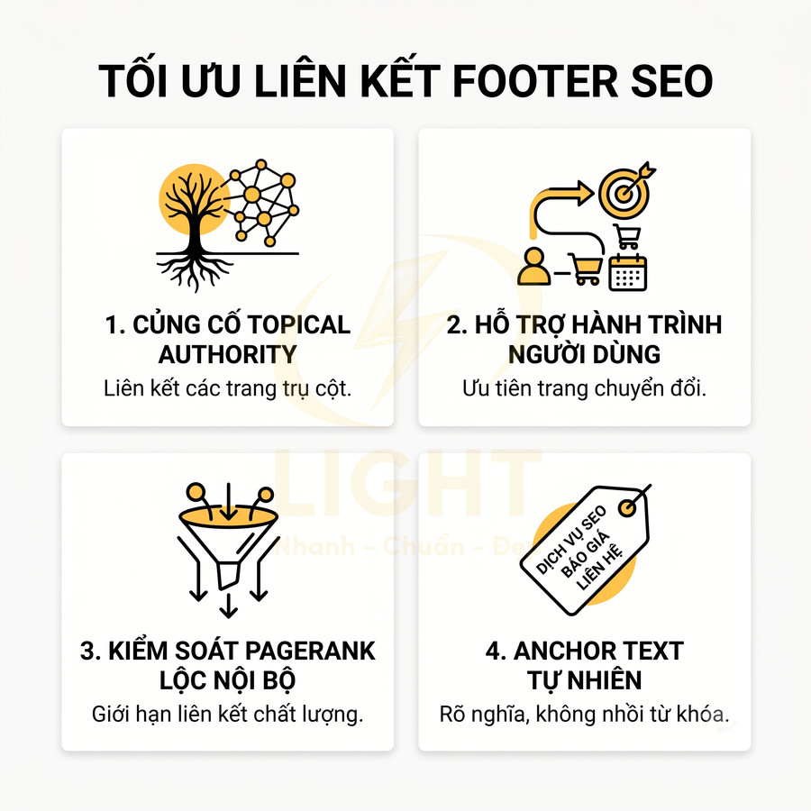 Infographic tối ưu liên kết footer SEO với 4 lợi ích và biểu tượng minh họa trực quan