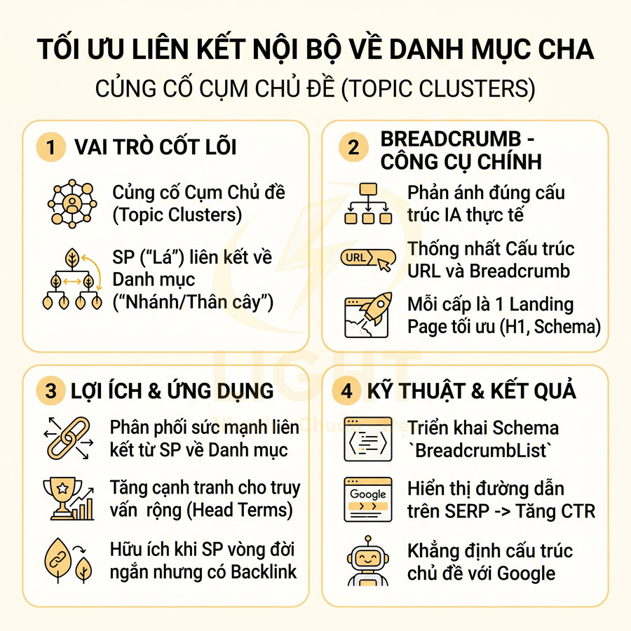 Hướng dẫn tối ưu liên kết nội bộ về danh mục cha và cụm chủ đề topic clusters trong SEO