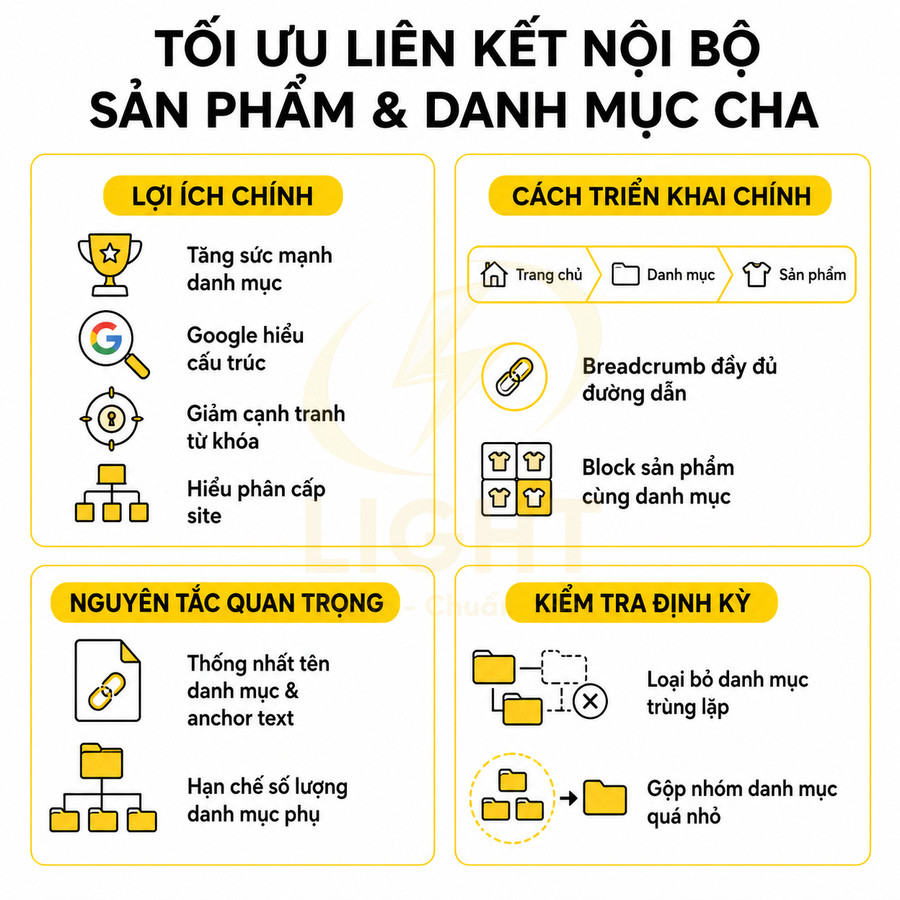 Hướng dẫn tối ưu liên kết nội bộ sản phẩm và danh mục cha trong SEO website bán hàng
