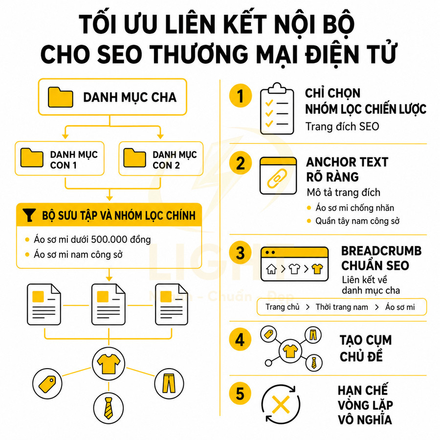 Infographic tối ưu liên kết nội bộ cho SEO thương mại điện tử với sơ đồ danh mục và hướng dẫn chi tiết