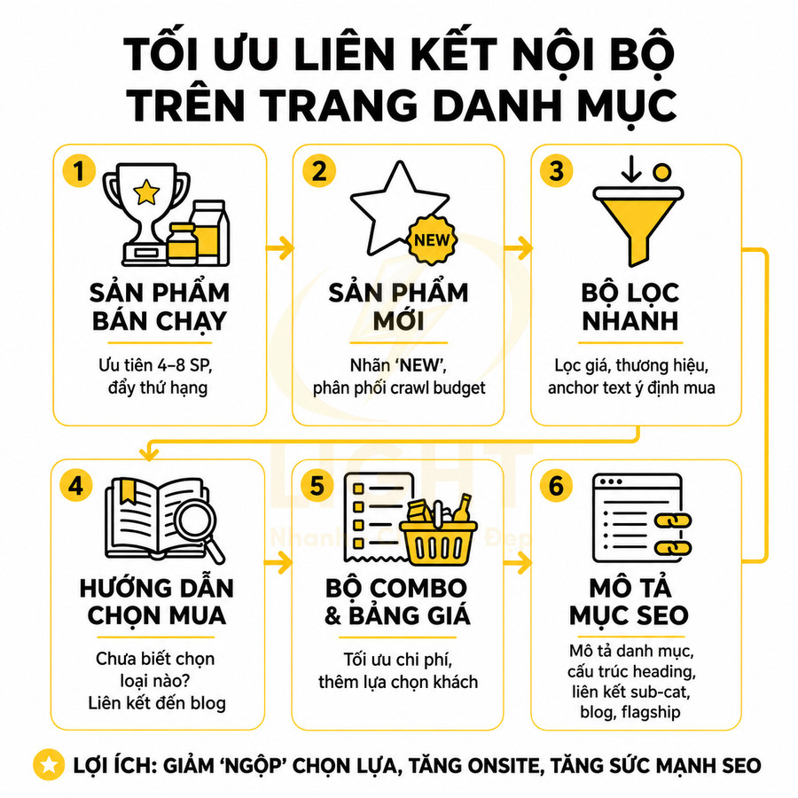 Hướng dẫn tối ưu liên kết nội bộ trên trang danh mục với 6 mục: sản phẩm bán chạy, sản phẩm mới, bộ lọc, hướng dẫn, combo, mô tả SEO