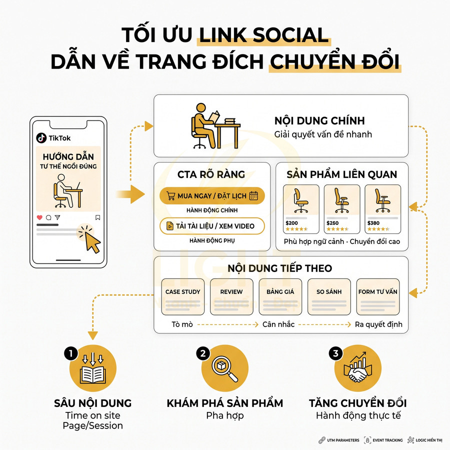 Infographic tối ưu link social dẫn người dùng từ TikTok về landing page giới thiệu ghế văn phòng và CTA chuyển đổi