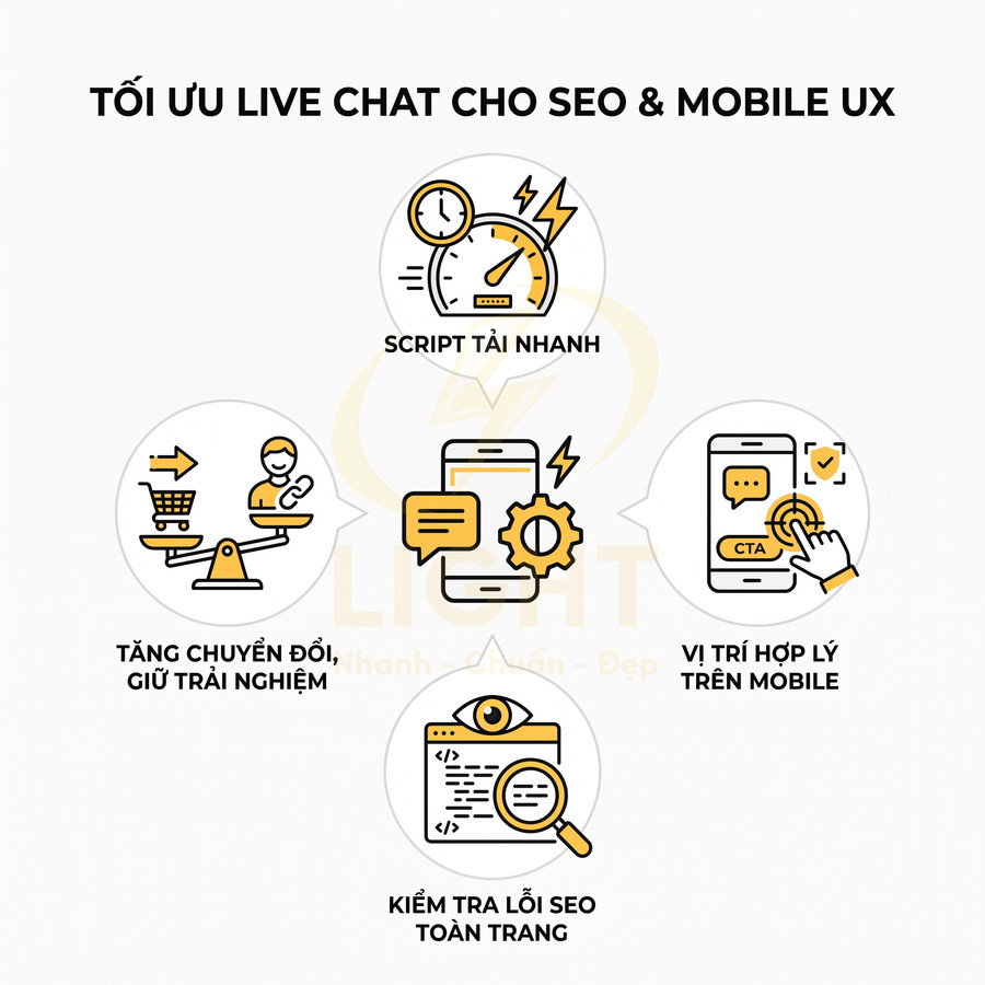 Minh họa các yếu tố tối ưu live chat cho SEO và trải nghiệm người dùng trên mobile