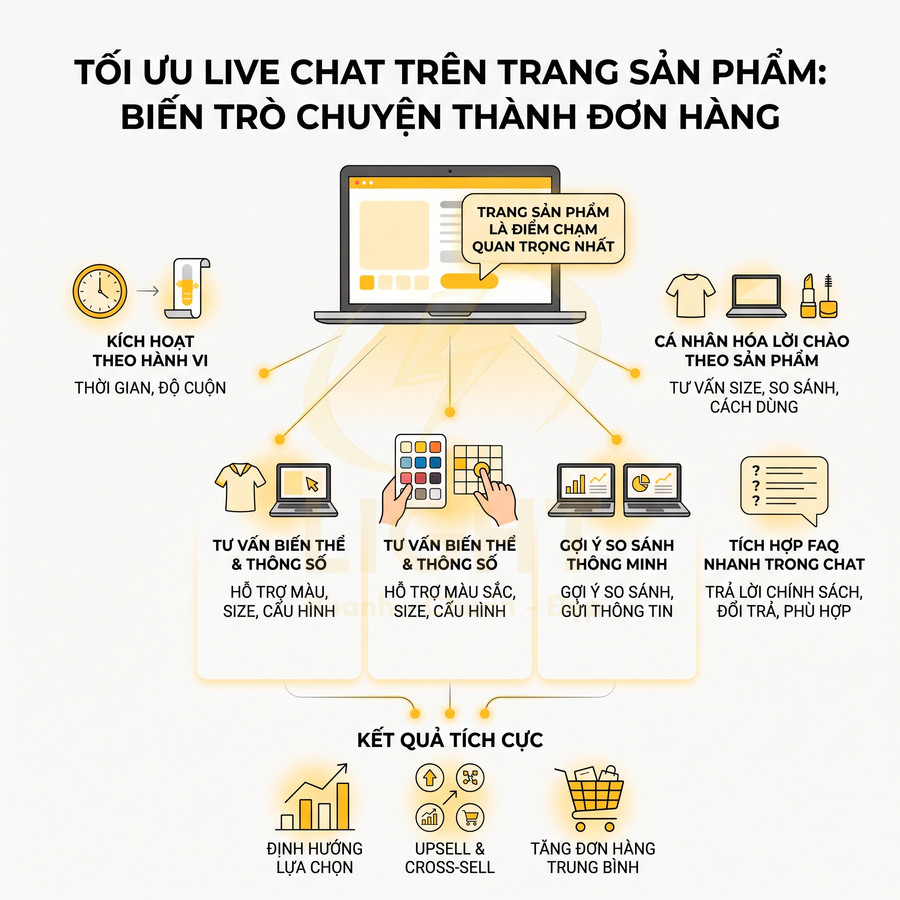 Mô tả tối ưu live chat trên trang sản phẩm giúp tư vấn biến thể, so sánh và tăng đơn hàng trung bình