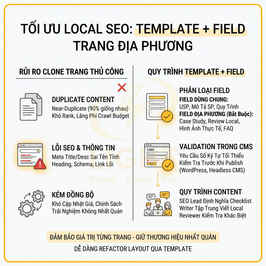 Infographic tối ưu local SEO với template và field trang địa phương, nêu rủi ro clone thủ công và quy trình chuẩn trong CMS